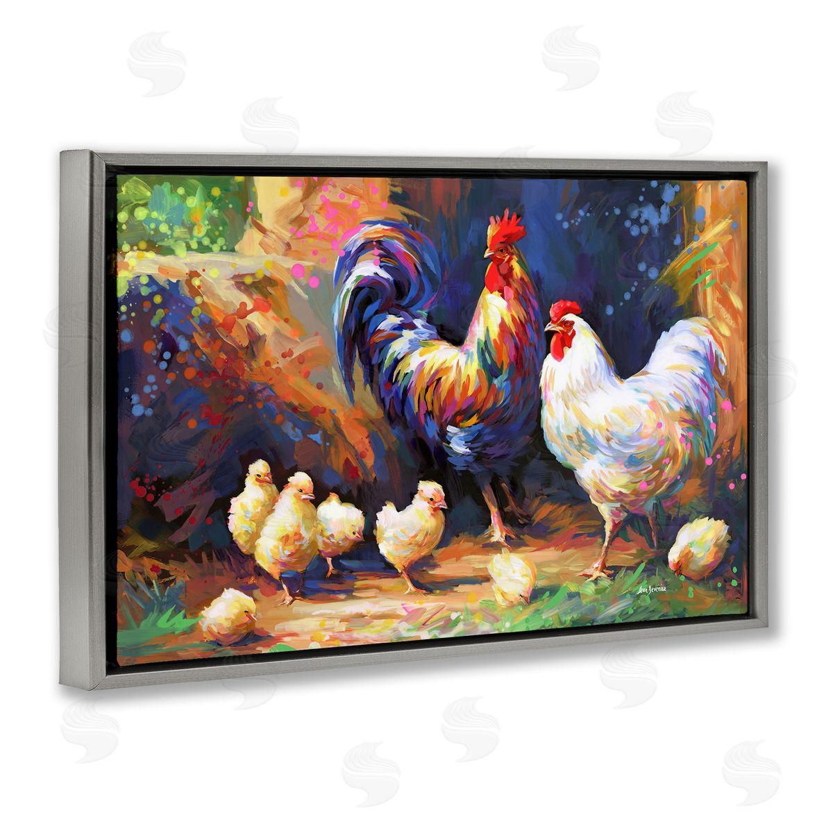 Chicken Family Paint Splatter Grey Floating Frame Canvas Wall Art, Home Decor by Leon Devenice