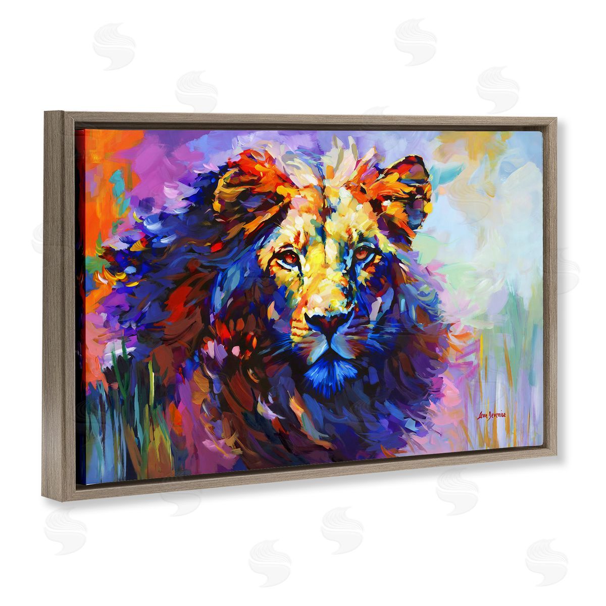 Paint Strokes Lion Brown Floating Frame Canvas Wall Art, Home Decor by Leon Devenice