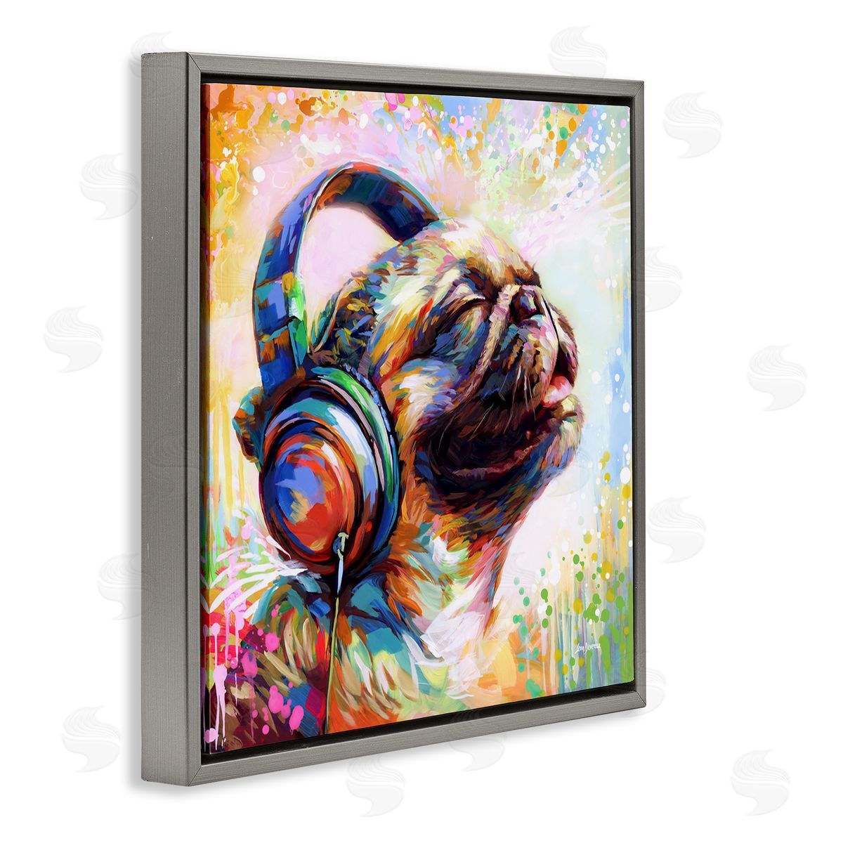 Blissful Music Pug Grey Floating Frame Canvas Wall Art, Home Decor by Leon Devenice