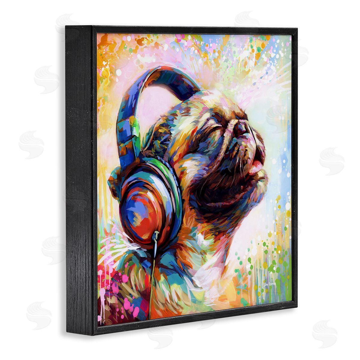 Blissful Music Pug Black Frame Print Wall Art, Home Decor by Leon Devenice
