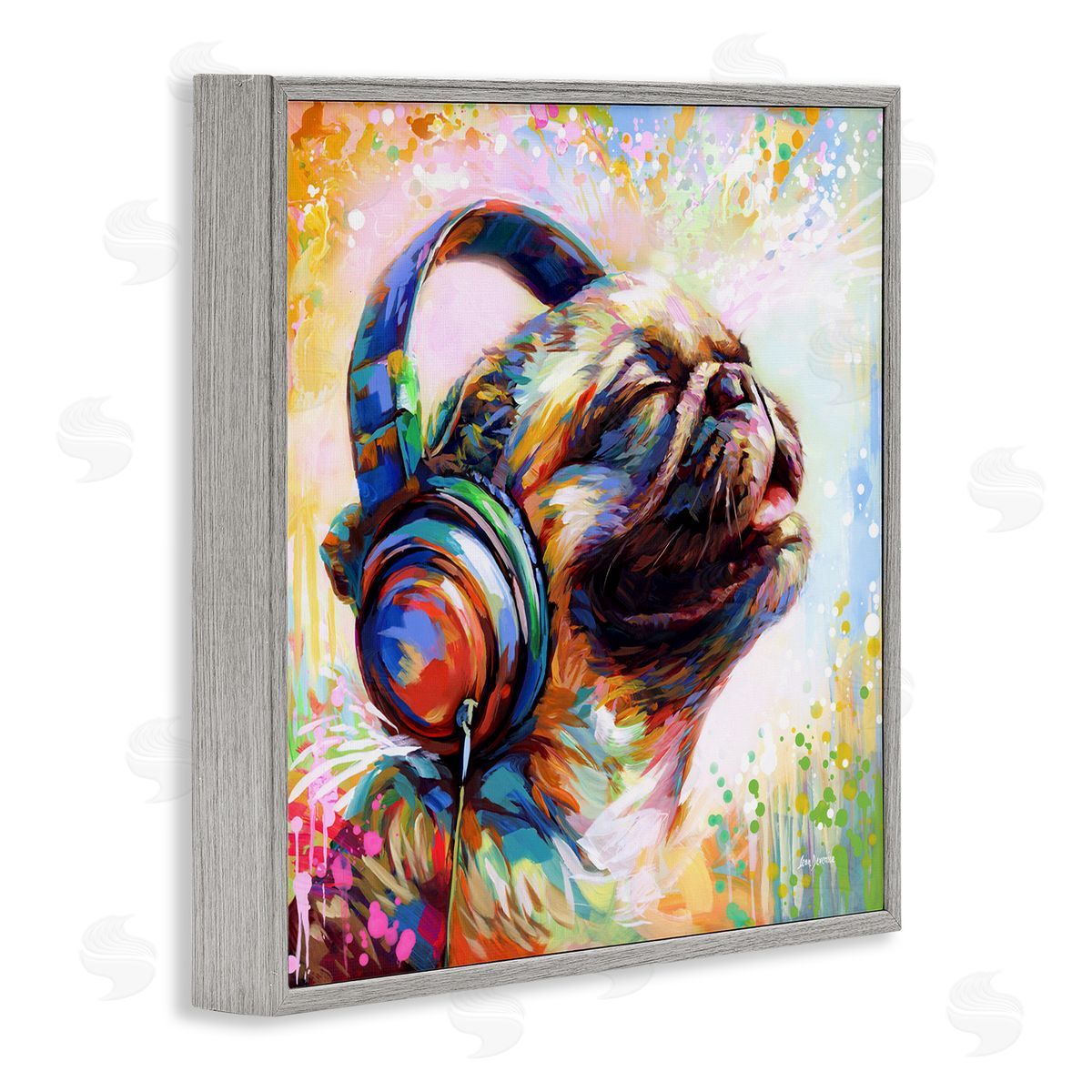 Blissful Music Pug Grey Frame Print Wall Art, Home Decor by Leon Devenice