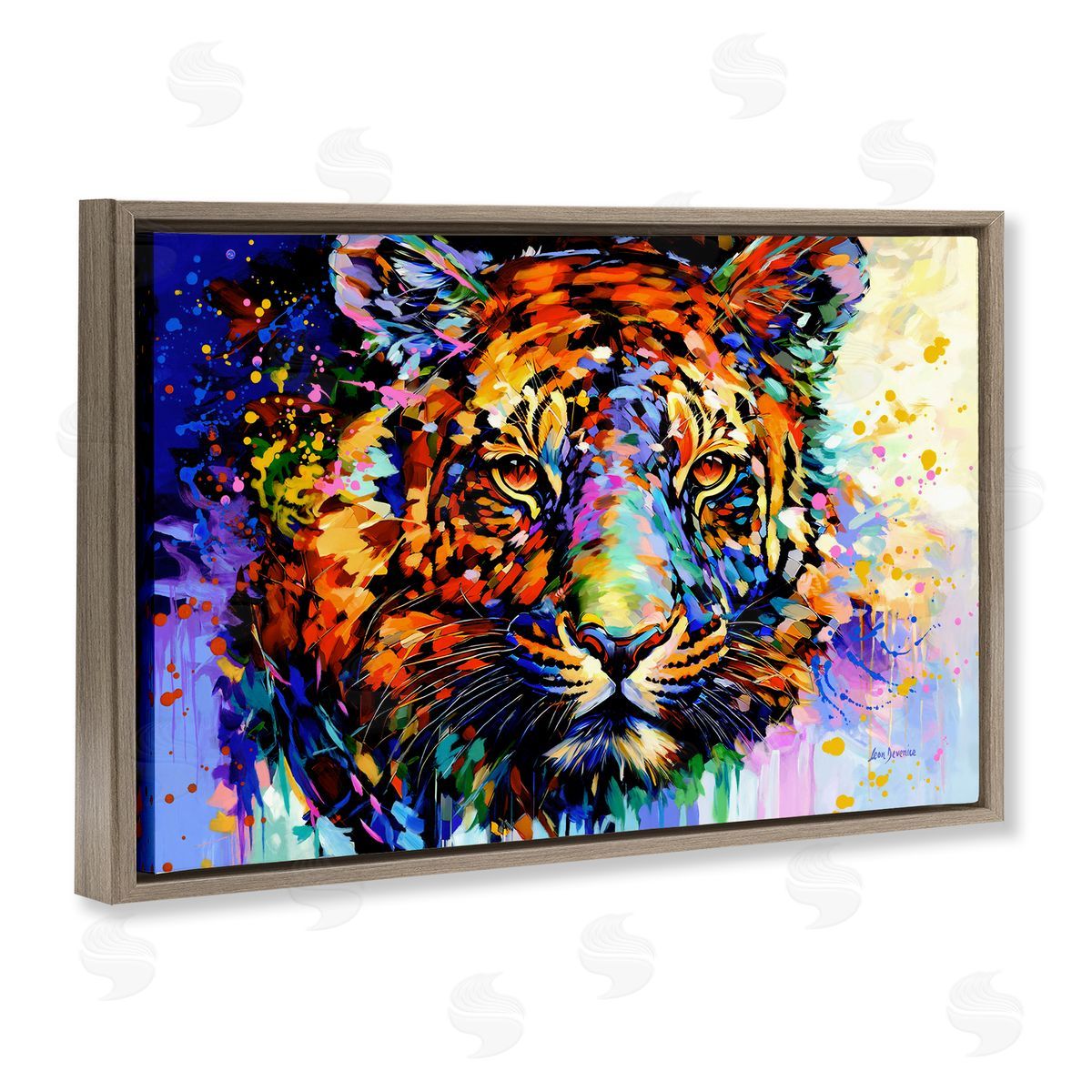 Tiger's Wild Wonder Brown Floating Frame Canvas Wall Art, Home Decor by Leon Devenice