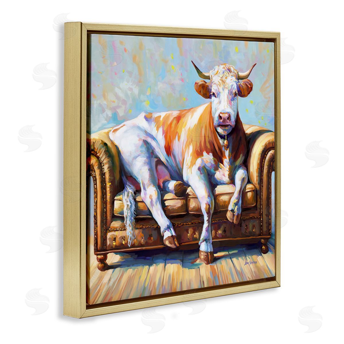 Cow's Day Off Gold Floating Frame Canvas Wall Art, Home Decor by Leon Devenice