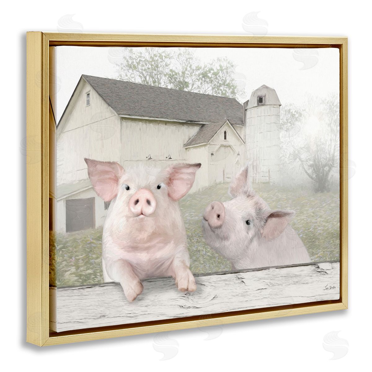 Piglets Farm Scenery Gold Floating Frame Canvas Wall Art, Home Decor by Lori Deiter