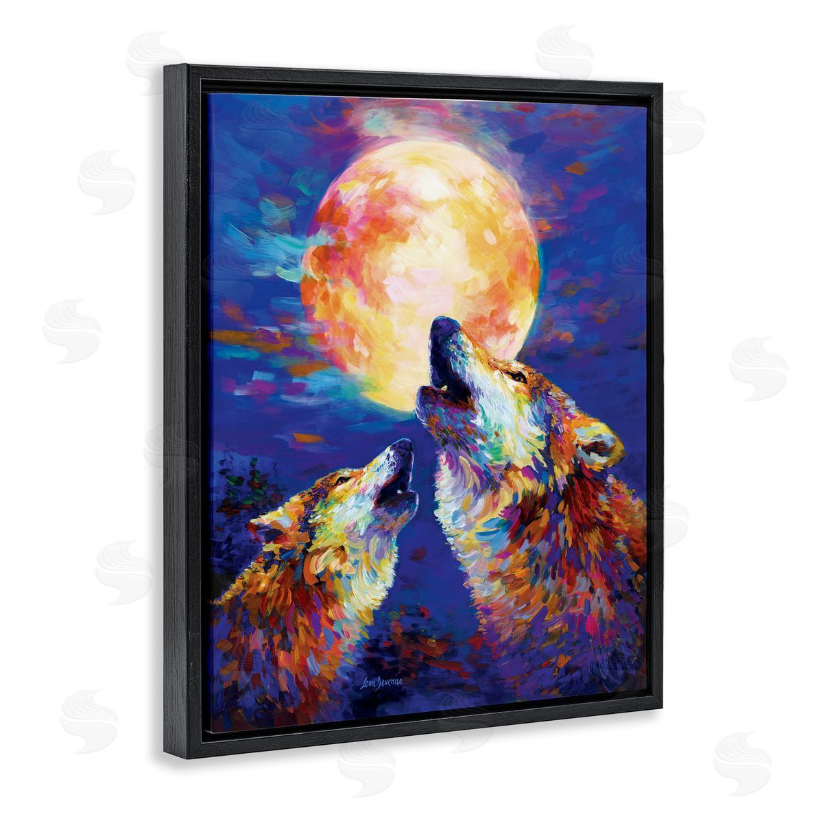 Howling Wolves Full Moon Black Floating Frame Canvas Wall Art, Home Decor by Leon Devenice