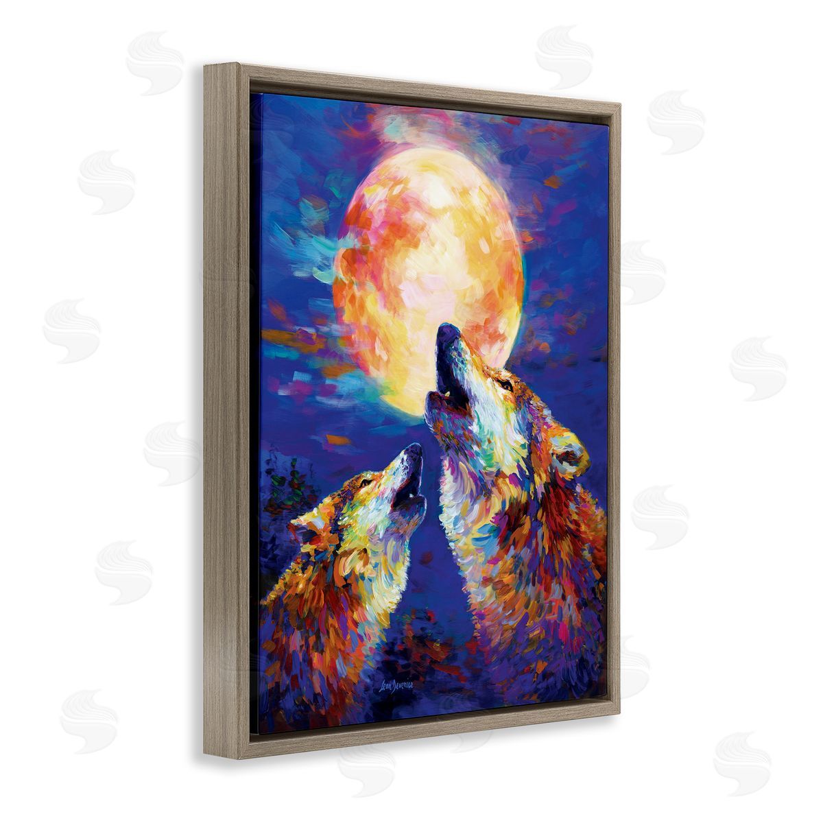 Howling Wolves Full Moon Brown Floating Frame Canvas Wall Art, Home Decor by Leon Devenice