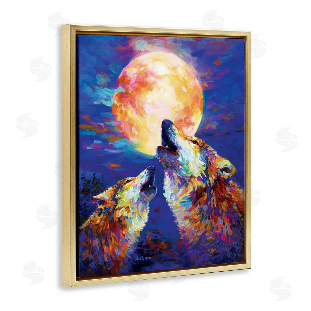 Howling Wolves Full Moon Gold Floating Frame Canvas Wall Art, Home Decor by Leon Devenice