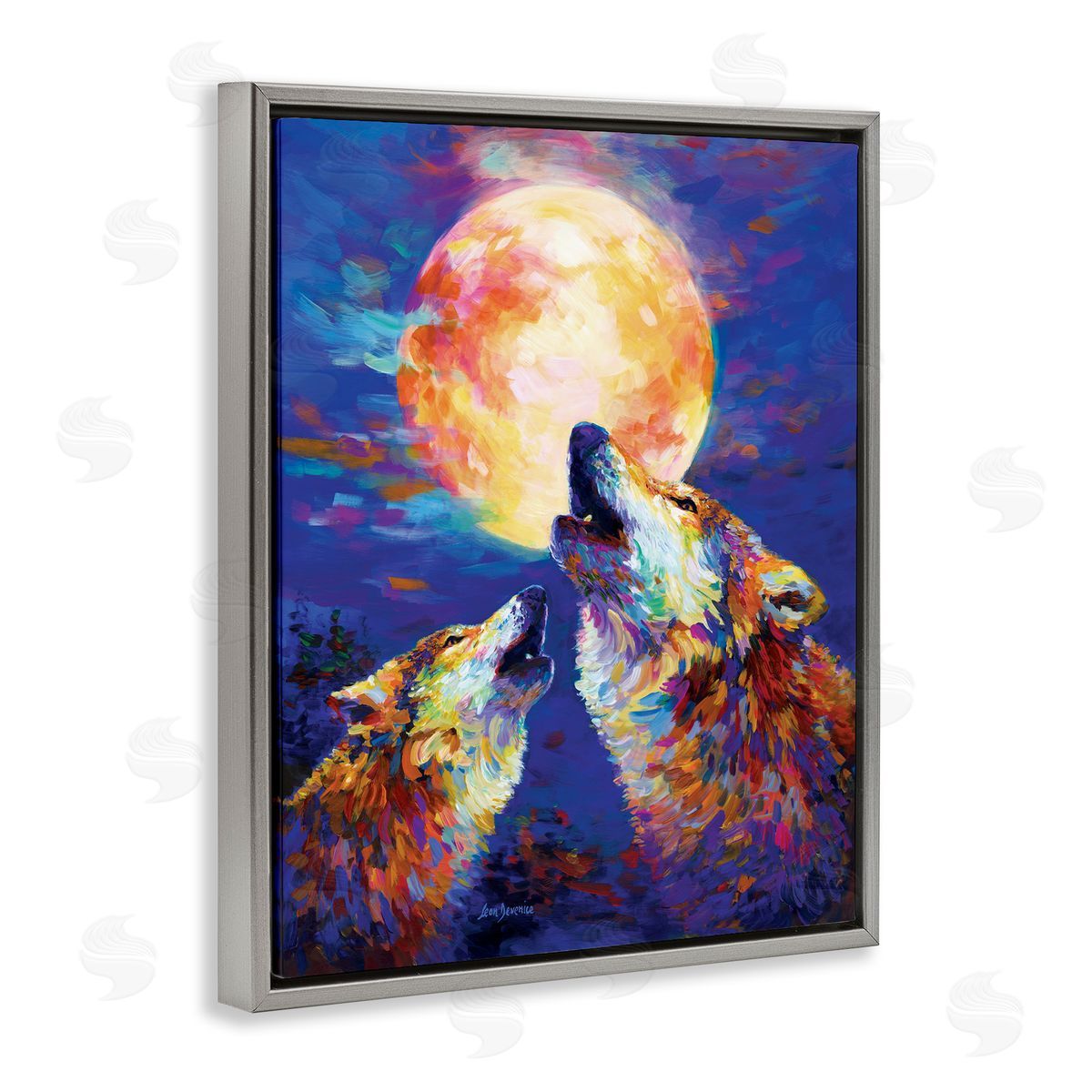 Howling Wolves Full Moon Grey Floating Frame Canvas Wall Art, Home Decor by Leon Devenice