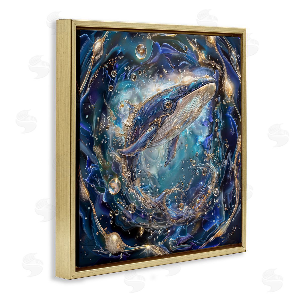 Echoes Of Abyss Whale Gold Floating Frame Canvas Wall Art, Home Decor by Lena Owens