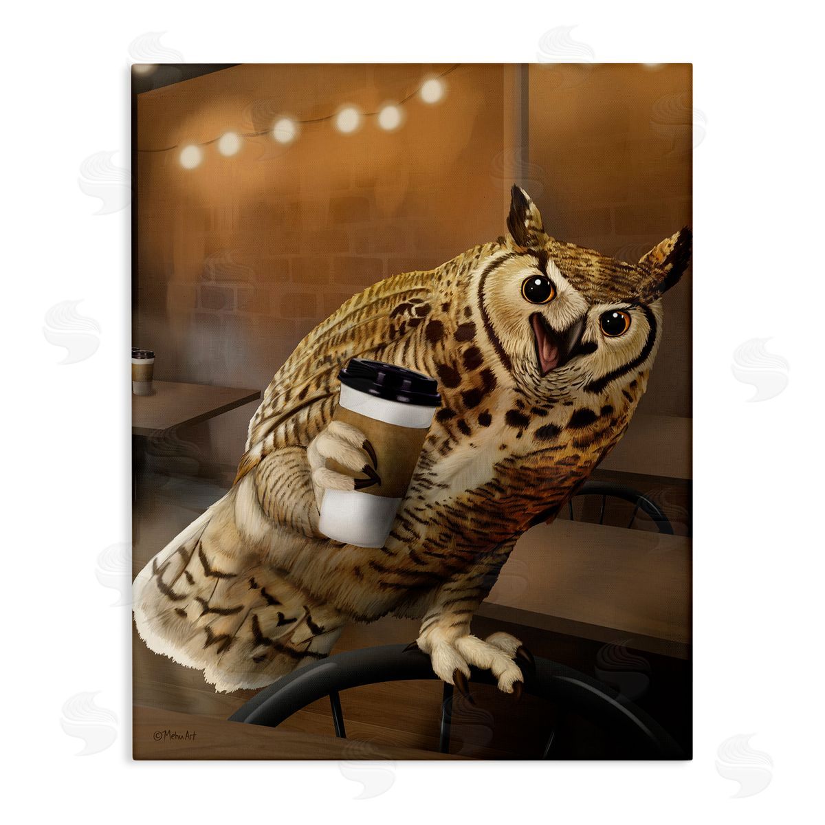 Owl with Coffee Cup Canvas Wall Art, Home Decor by Mehu Art
