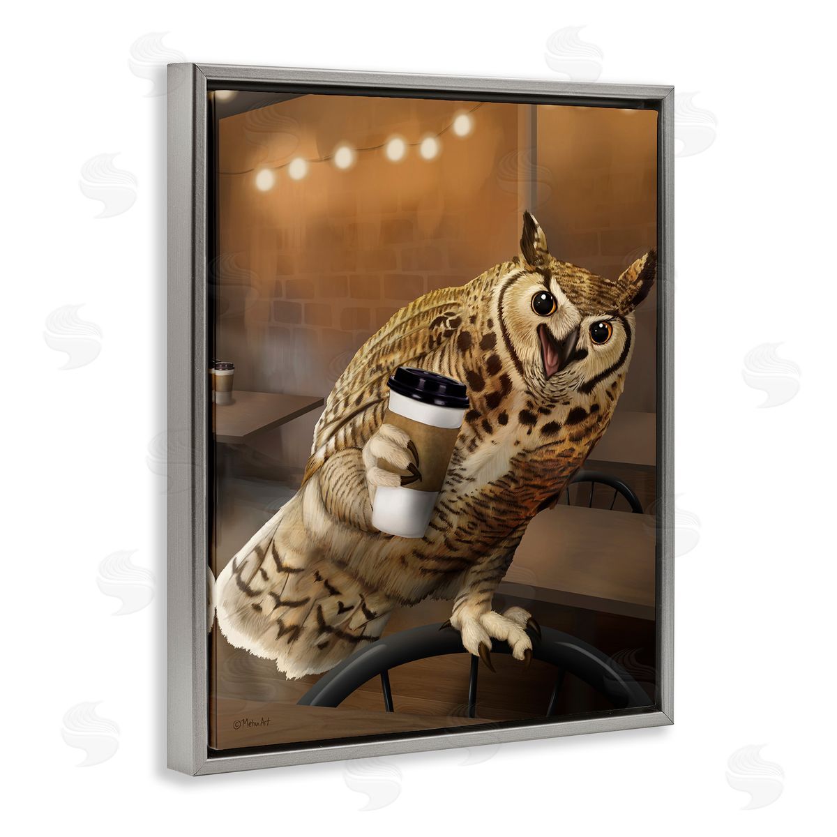 Owl with Coffee Cup Grey Floating Frame Canvas Wall Art, Home Decor by Mehu Art