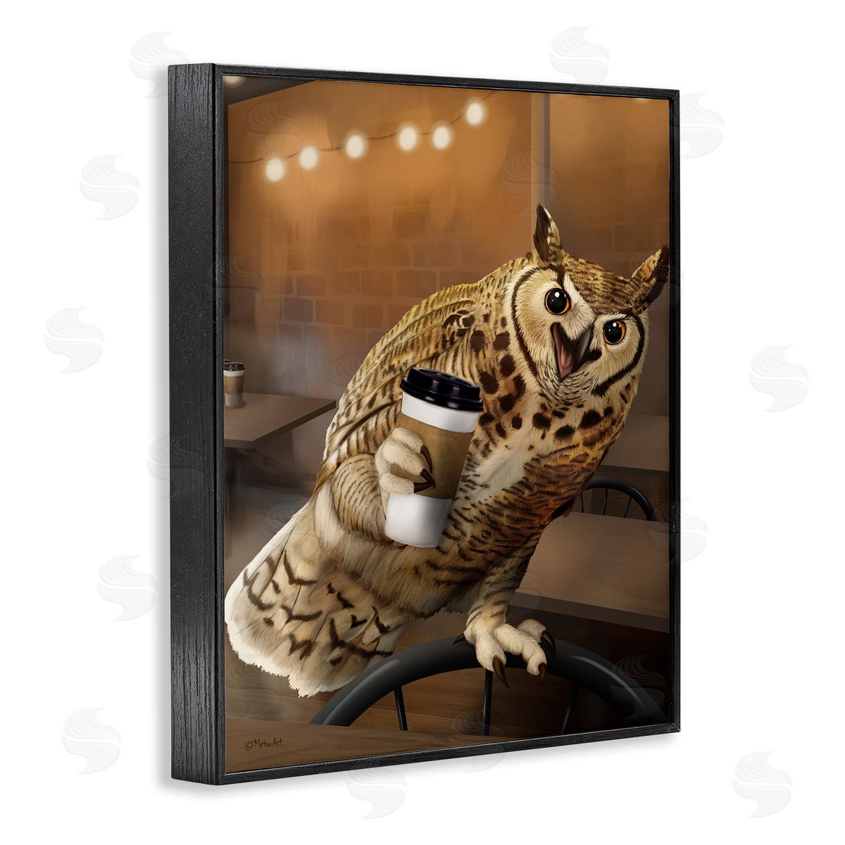 Owl with Coffee Cup Black Frame Print Wall Art, Home Decor by Mehu Art