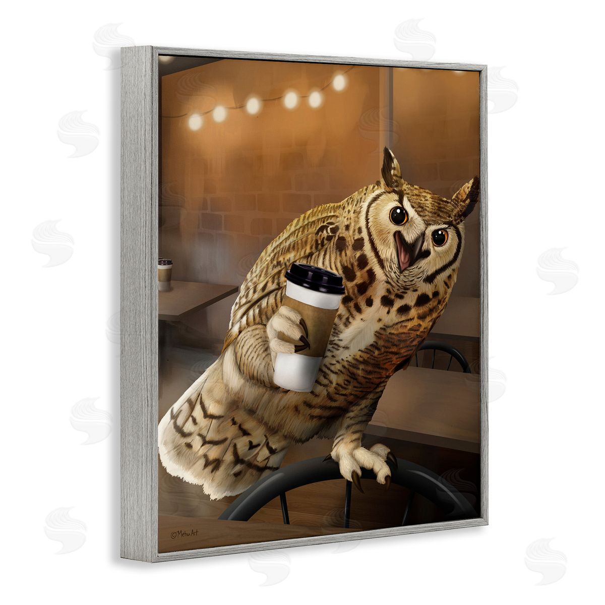 Owl with Coffee Cup Grey Frame Print Wall Art, Home Decor by Mehu Art