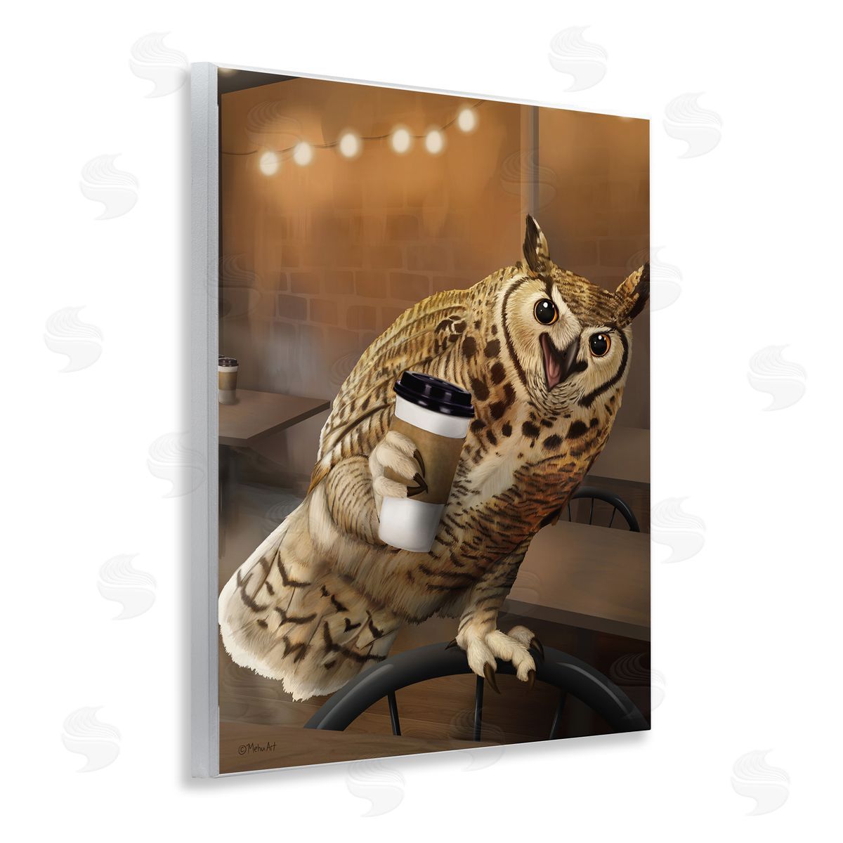 Owl with Coffee Cup Wood Plaque Wall Art, Home Decor by Mehu Art