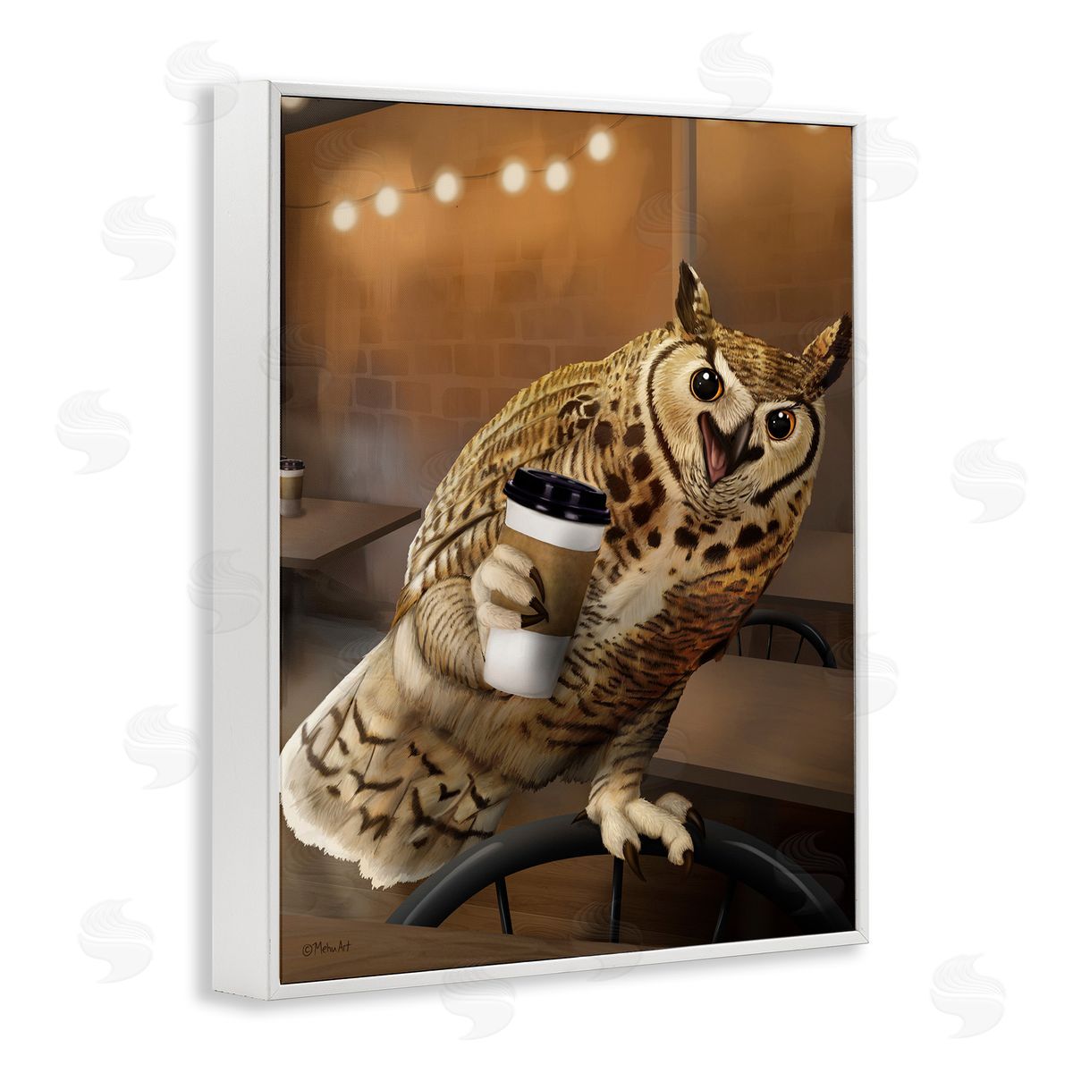 Owl with Coffee Cup White Frame Print Wall Art, Home Decor by Mehu Art