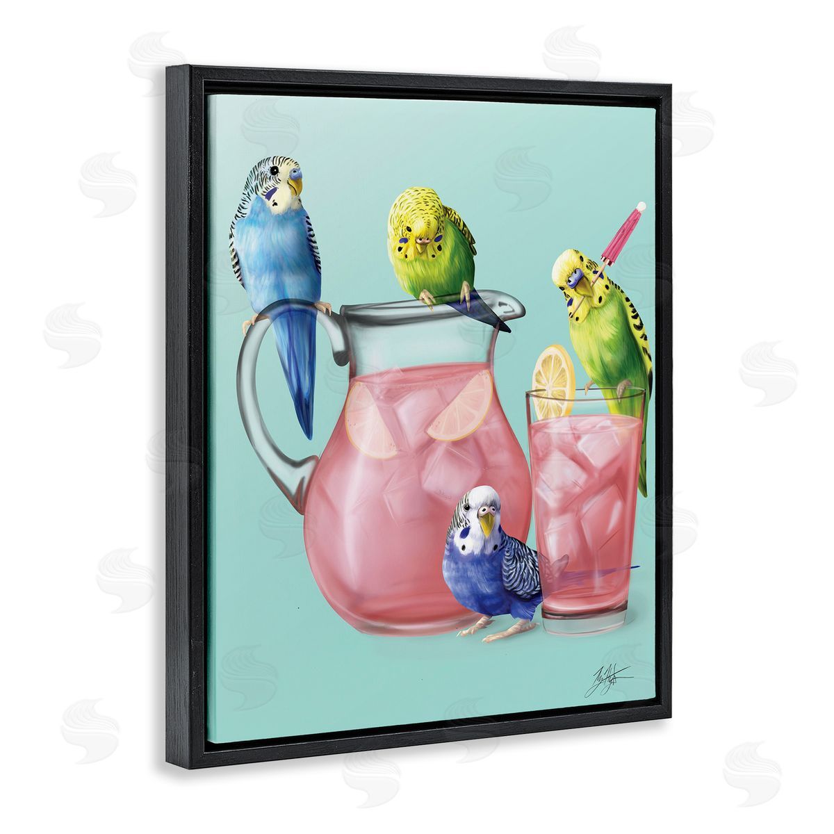 Budgies and Pink Lemonade Black Floating Frame Canvas Wall Art, Home Decor by Mehu Art