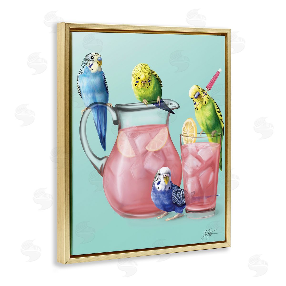 Budgies and Pink Lemonade Gold Floating Frame Canvas Wall Art, Home Decor by Mehu Art