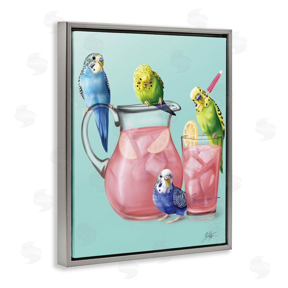 Budgies and Pink Lemonade Grey Floating Frame Canvas Wall Art, Home Decor by Mehu Art