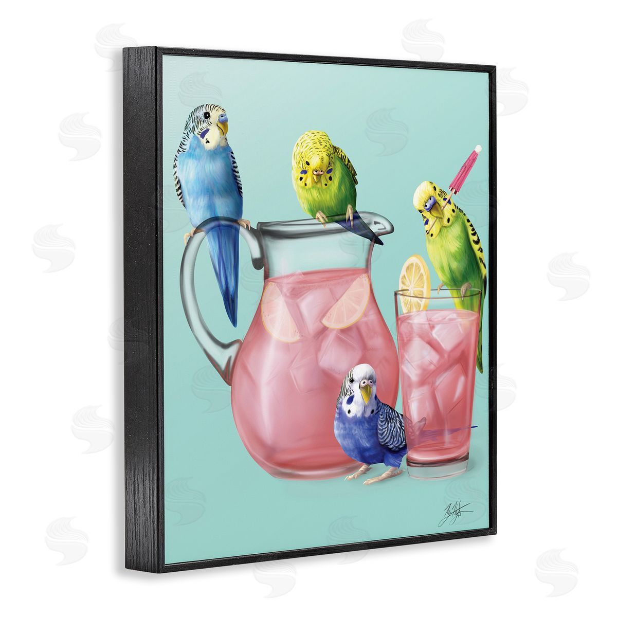 Budgies and Pink Lemonade Black Frame Print Wall Art, Home Decor by Mehu Art