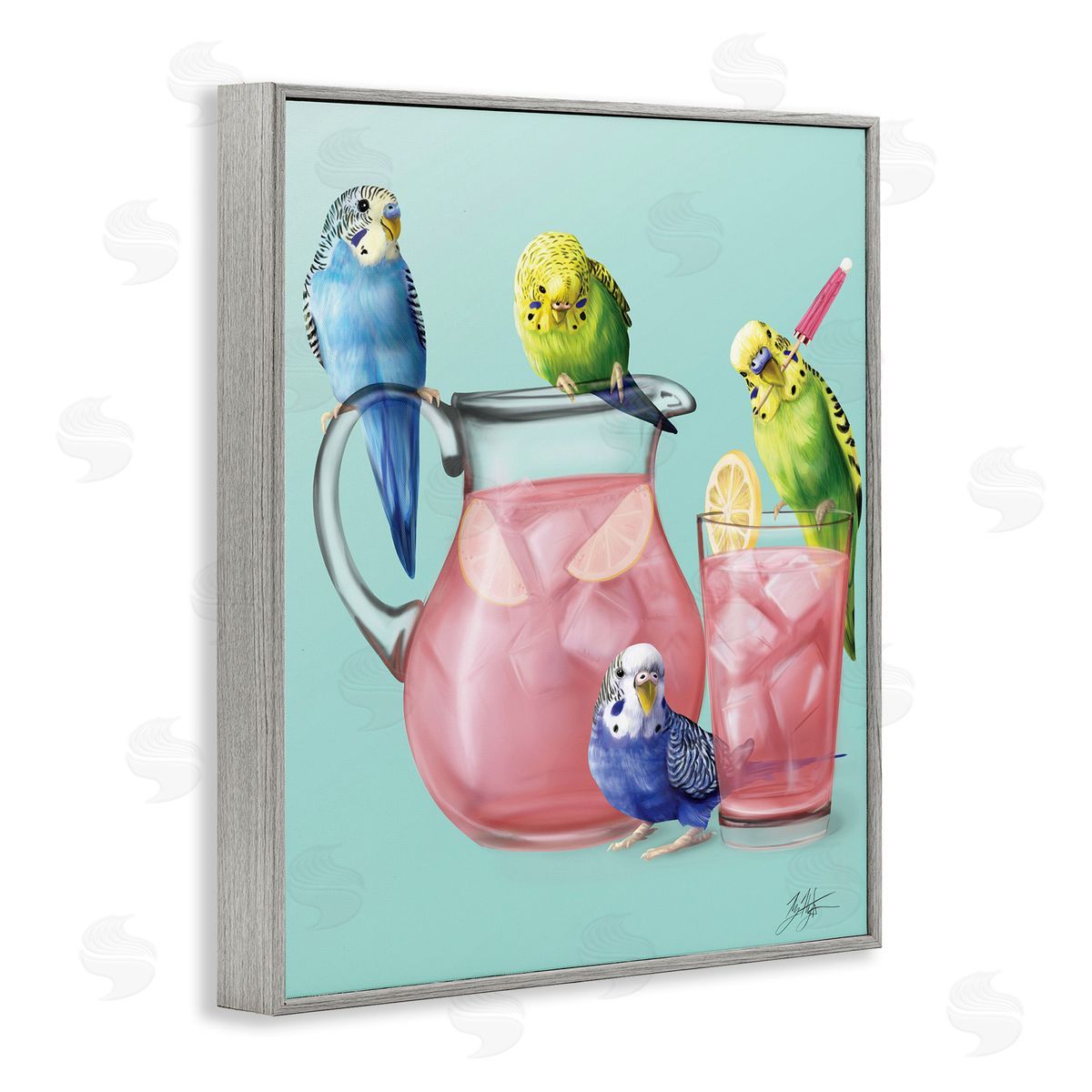 Budgies and Pink Lemonade Grey Frame Print Wall Art, Home Decor by Mehu Art