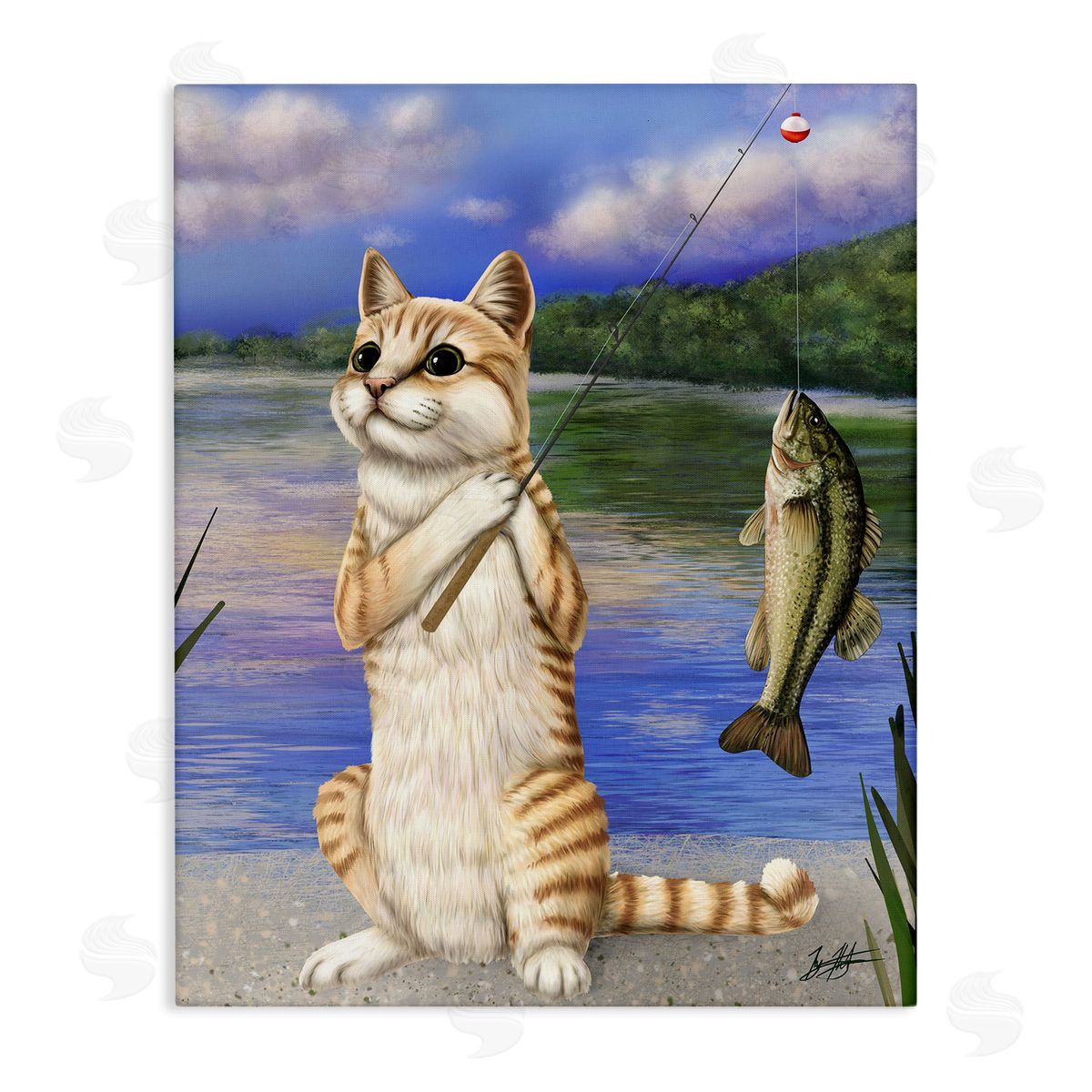 Fishing Cat by Lake Canvas Wall Art, Home Decor by Mehu Art