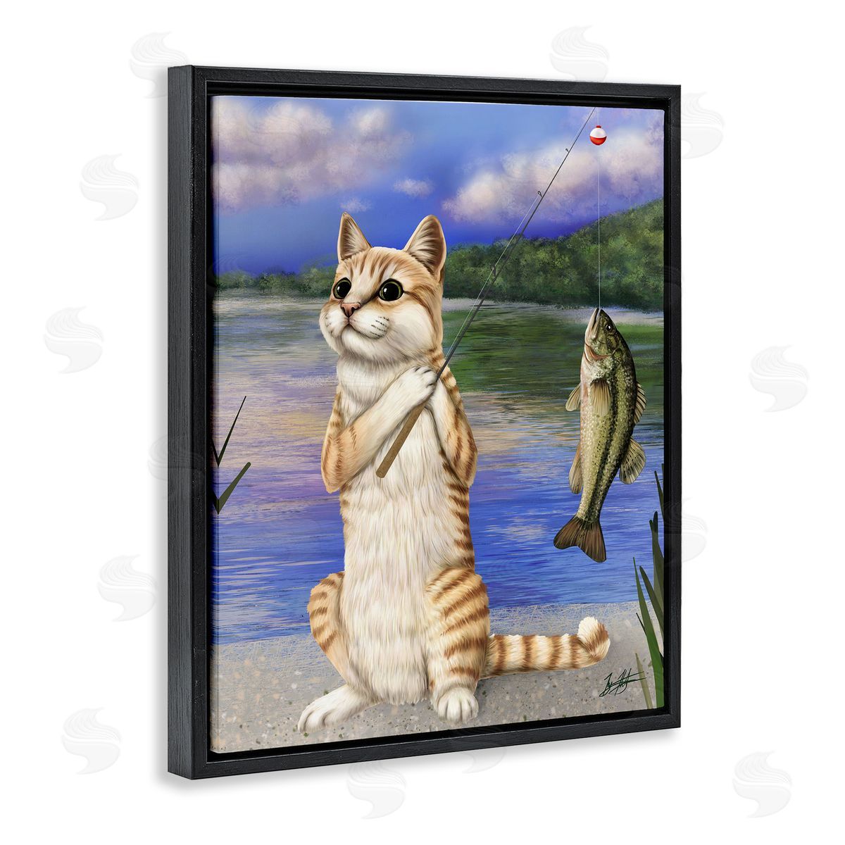 Fishing Cat by Lake Black Floating Frame Canvas Wall Art, Home Decor by Mehu Art