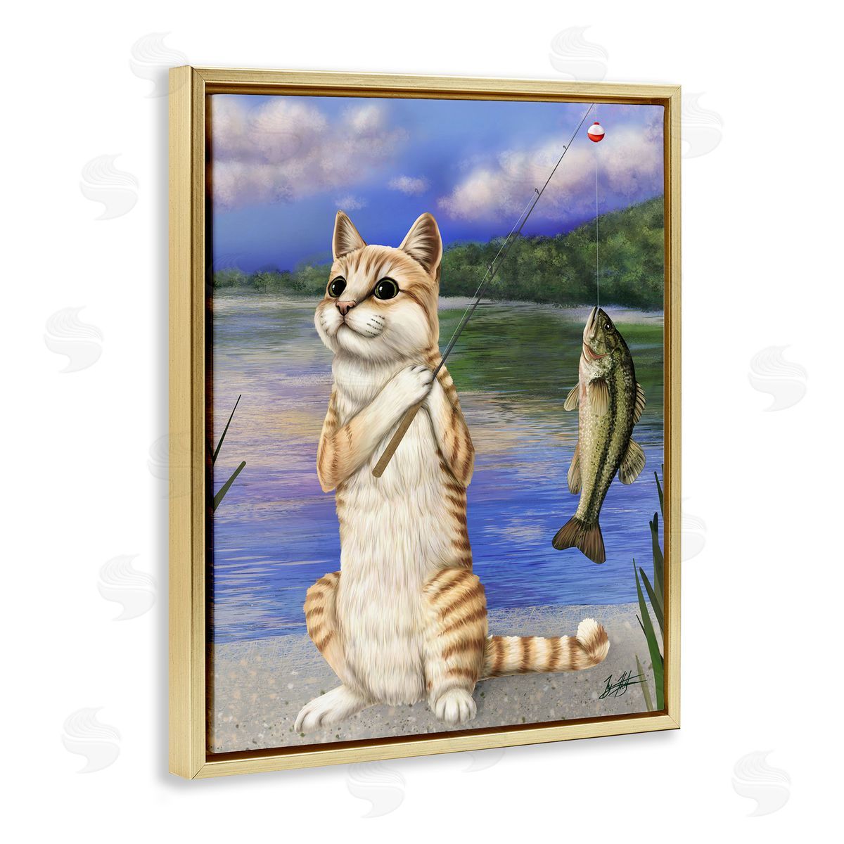 Fishing Cat by Lake Gold Floating Frame Canvas Wall Art, Home Decor by Mehu Art
