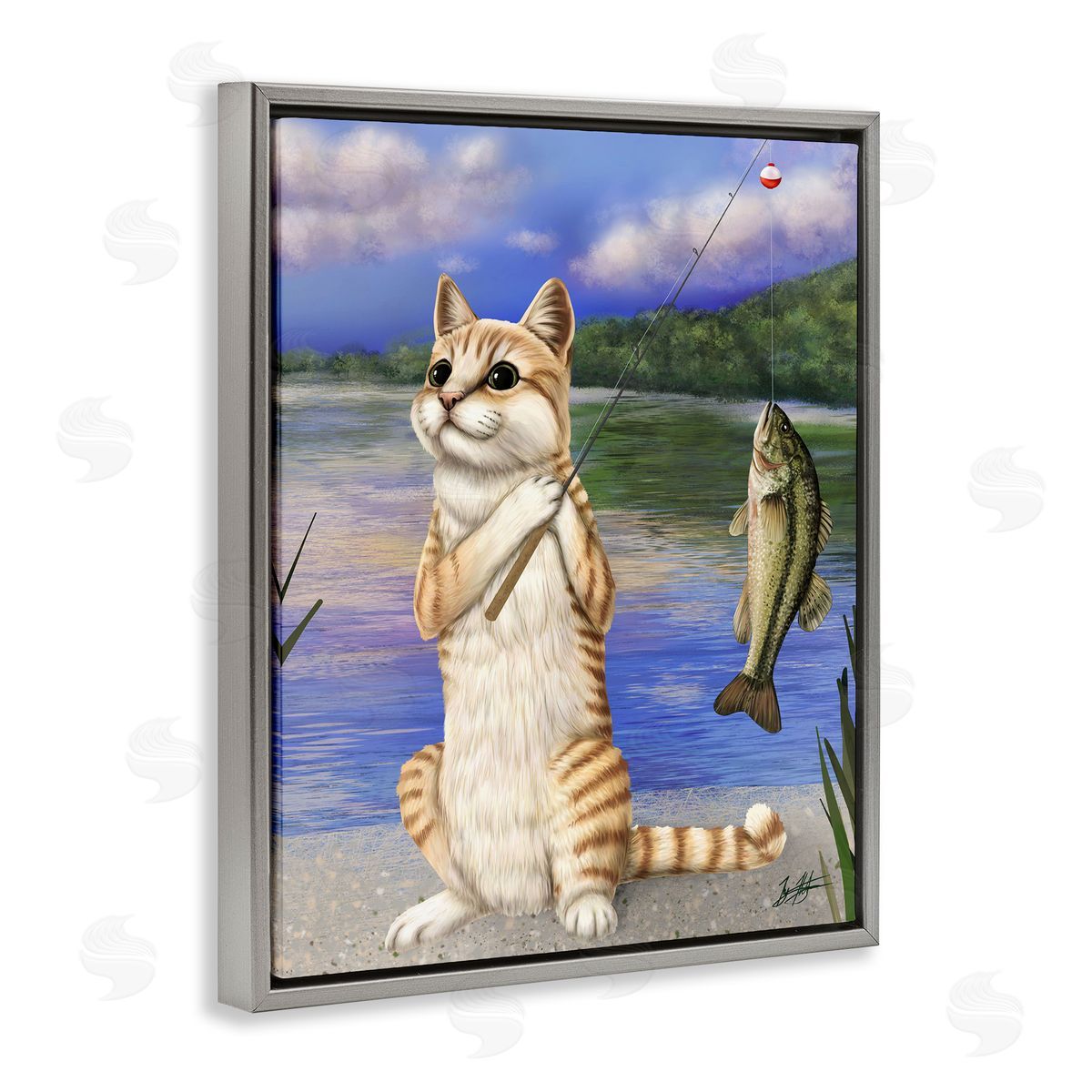 Fishing Cat by Lake Grey Floating Frame Canvas Wall Art, Home Decor by Mehu Art