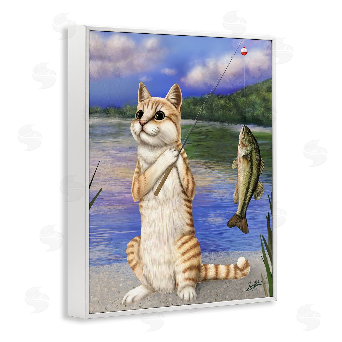 Fishing Cat by Lake White Frame Print Wall Art, Home Decor by Mehu Art