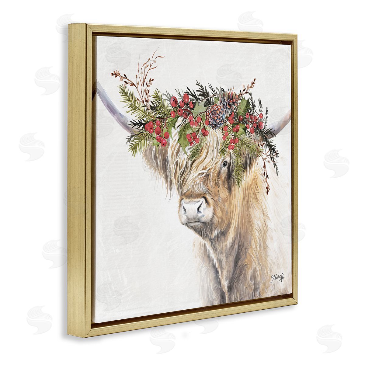 Cattle with Seasonal Berries Gold Floating Frame Canvas Wall Art, Home Decor by Marla Rae