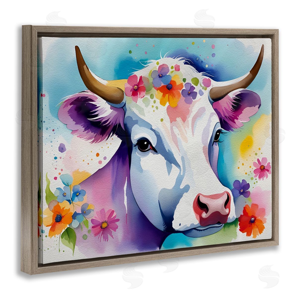 Flower Speckled Cow Brown Floating Frame Canvas Wall Art, Home Decor by Amber Clarkson