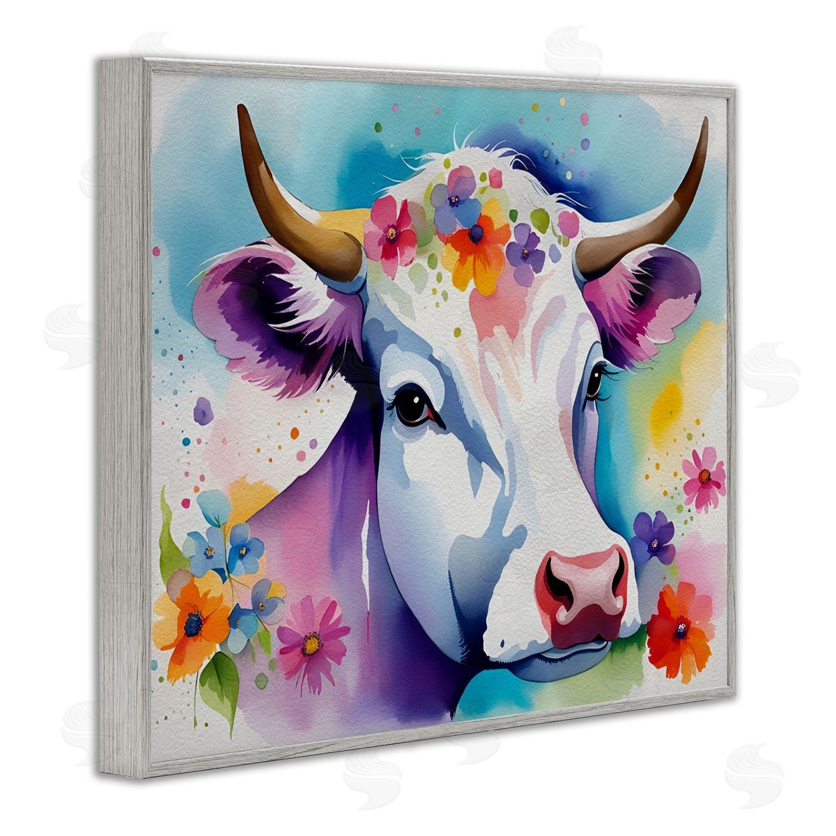 Flower Speckled Cow Grey Frame Print Wall Art, Home Decor by Amber Clarkson