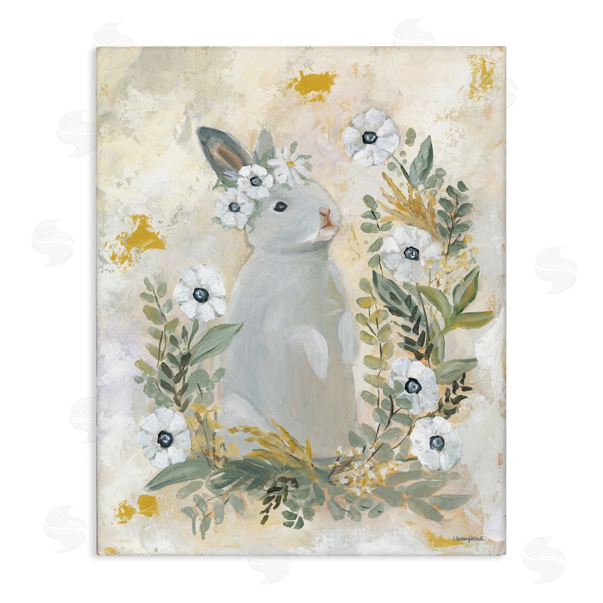 Bunny with White Blooms Canvas Wall Art, Home Decor by Mackenzie Kissell