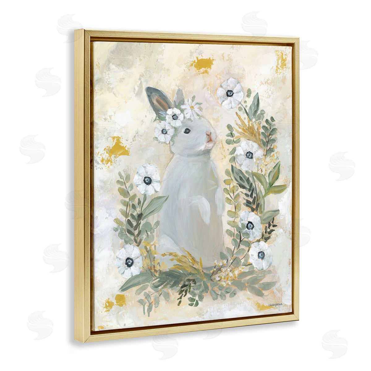 Bunny with White Blooms Gold Floating Frame Canvas Wall Art, Home Decor by Mackenzie Kissell