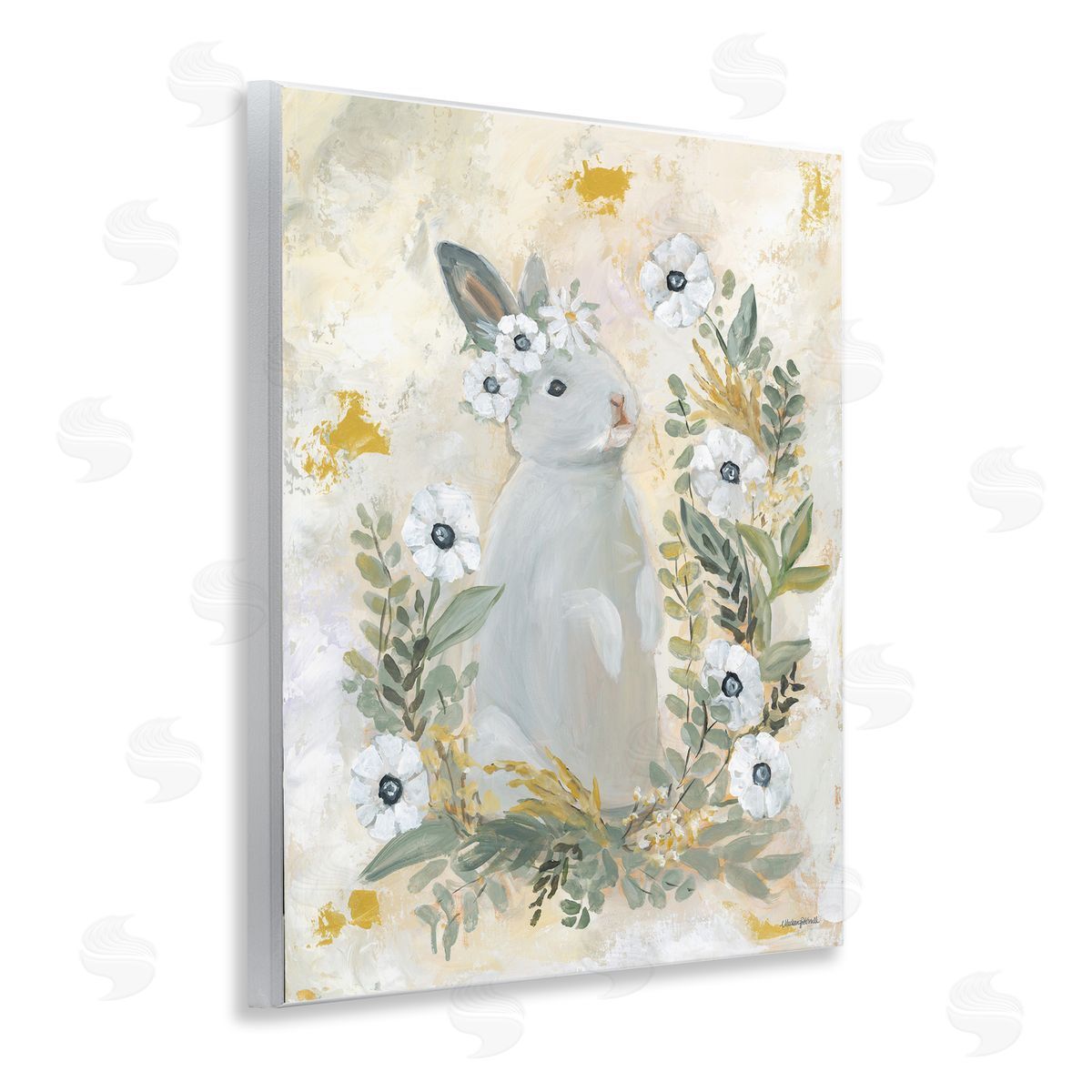 Bunny with White Blooms Wood Plaque Wall Art, Home Decor by Mackenzie Kissell