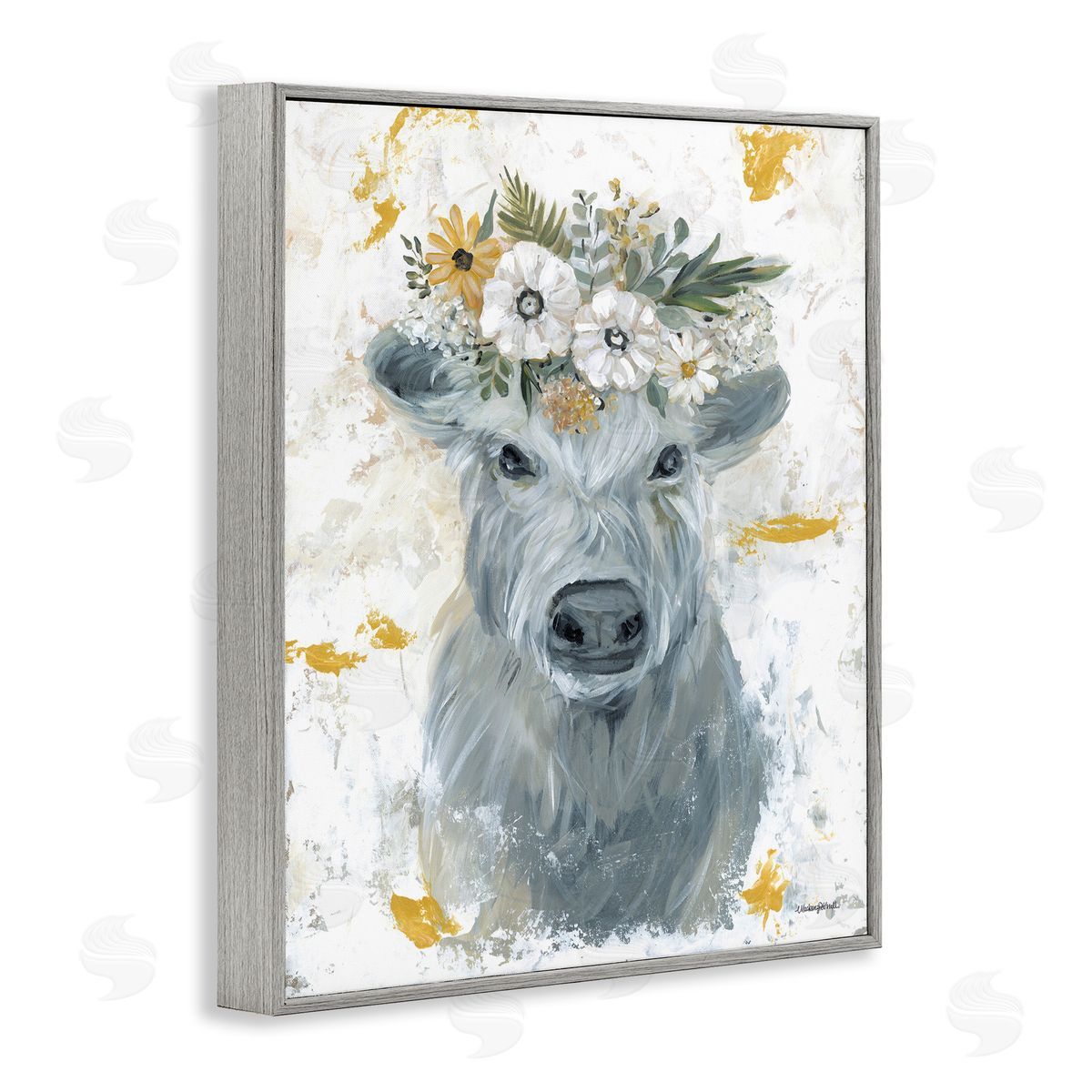Grey Cattle with Flowers Grey Frame Print Wall Art, Home Decor by Mackenzie Kissell