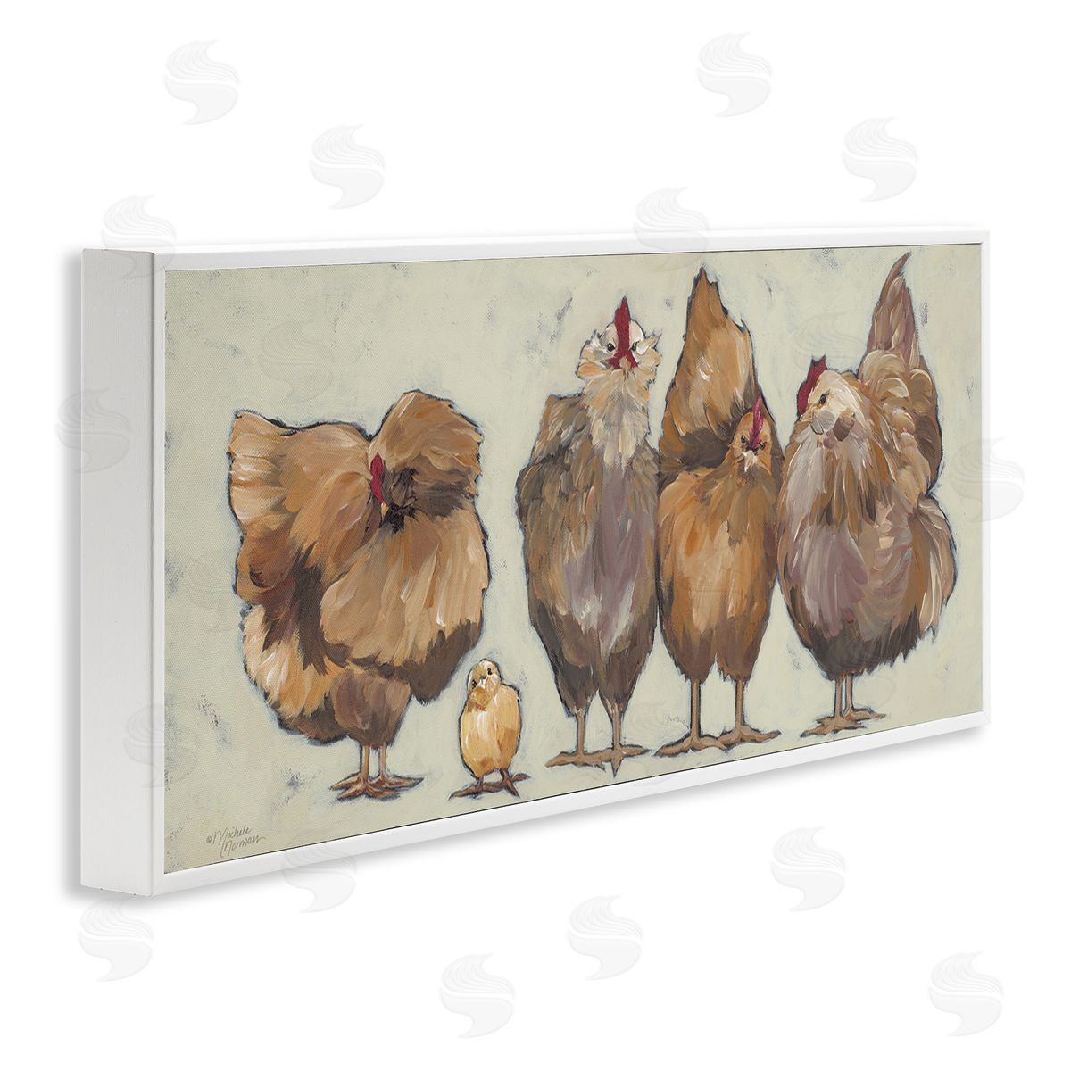 Brown Hens and Chick White Frame Print Wall Art, Home Decor by Michele Norman