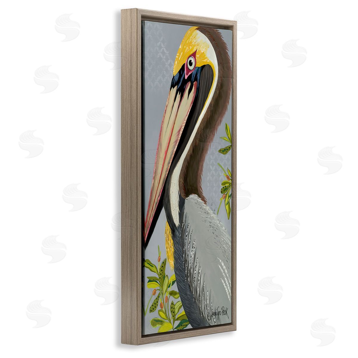 Pelican on Grey Brown Floating Frame Canvas Wall Art, Home Decor by Jennifer Peck