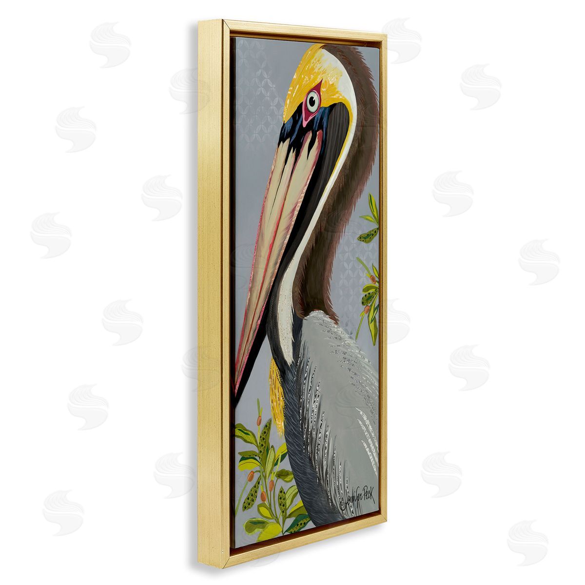 Pelican on Grey Gold Floating Frame Canvas Wall Art, Home Decor by Jennifer Peck