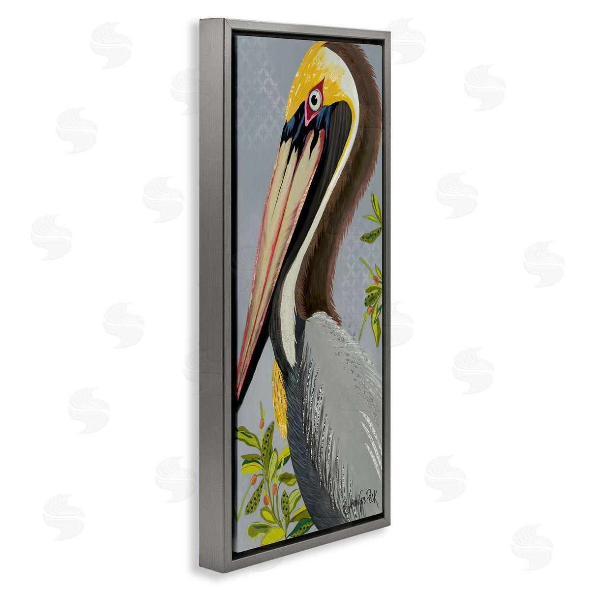 Pelican on Grey Grey Floating Frame Canvas Wall Art, Home Decor by Jennifer Peck