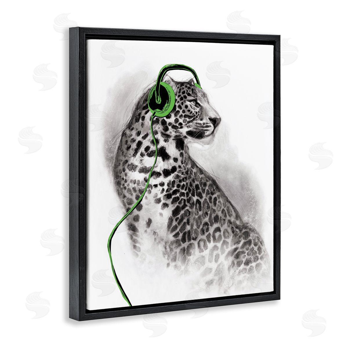 Cheetah with Headphones Black Floating Frame Canvas Wall Art, Home Decor by Masey St. Studios
