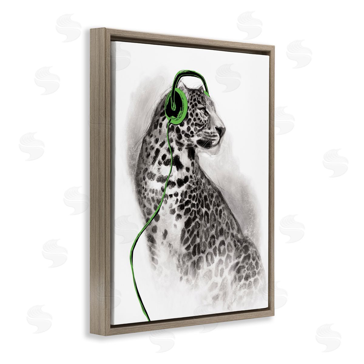 Cheetah with Headphones Brown Floating Frame Canvas Wall Art, Home Decor by Masey St. Studios