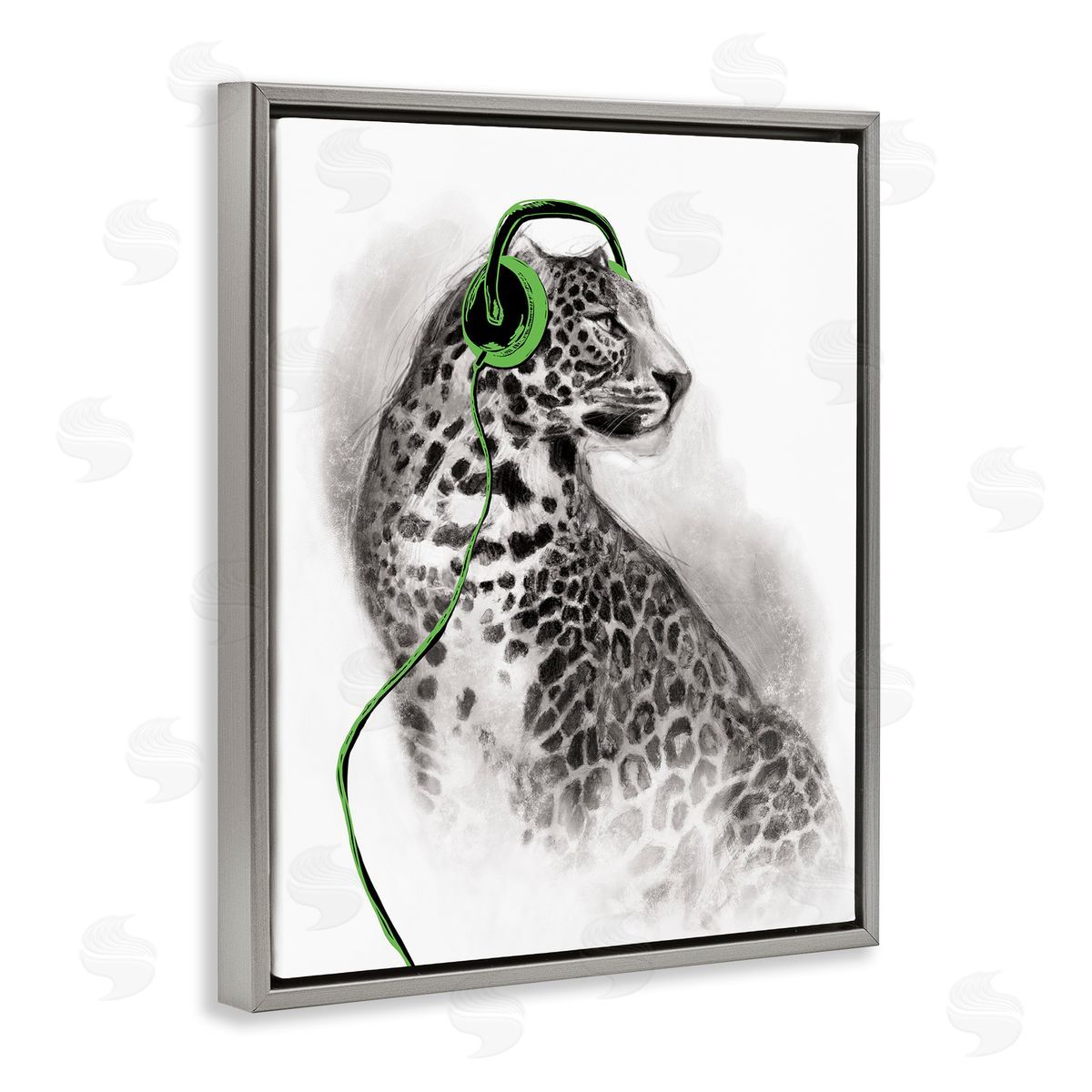 Cheetah with Headphones Grey Floating Frame Canvas Wall Art, Home Decor by Masey St. Studios