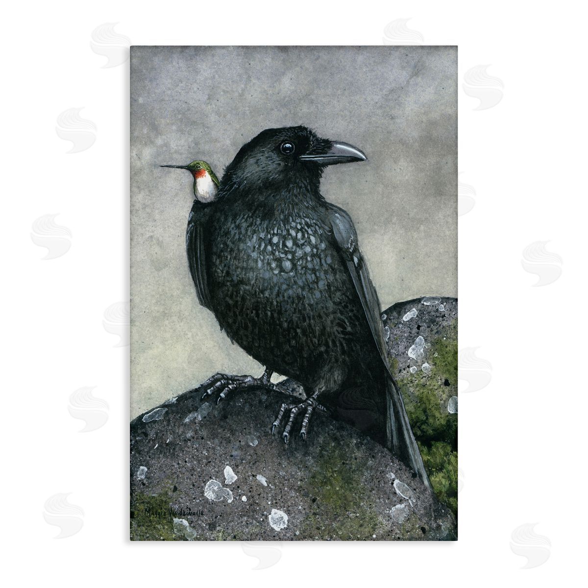 Crow and Hummingbird Perched Canvas Wall Art, Home Decor by Maggie Vandewalle