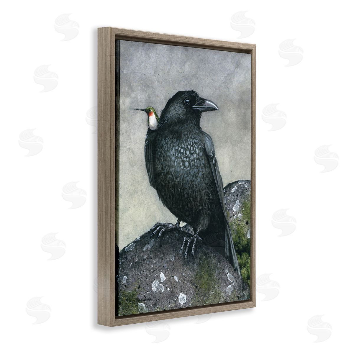 Crow and Hummingbird Perched Brown Floating Frame Canvas Wall Art, Home Decor by Maggie Vandewalle