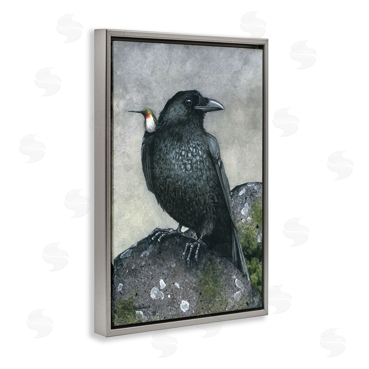 Crow and Hummingbird Perched Grey Floating Frame Canvas Wall Art, Home Decor by Maggie Vandewalle