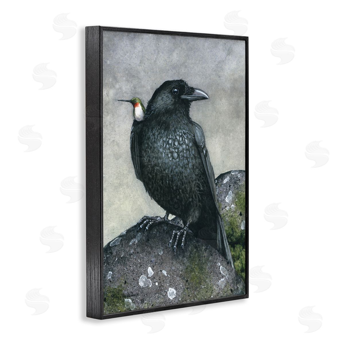 Crow and Hummingbird Perched Black Frame Print Wall Art, Home Decor by Maggie Vandewalle