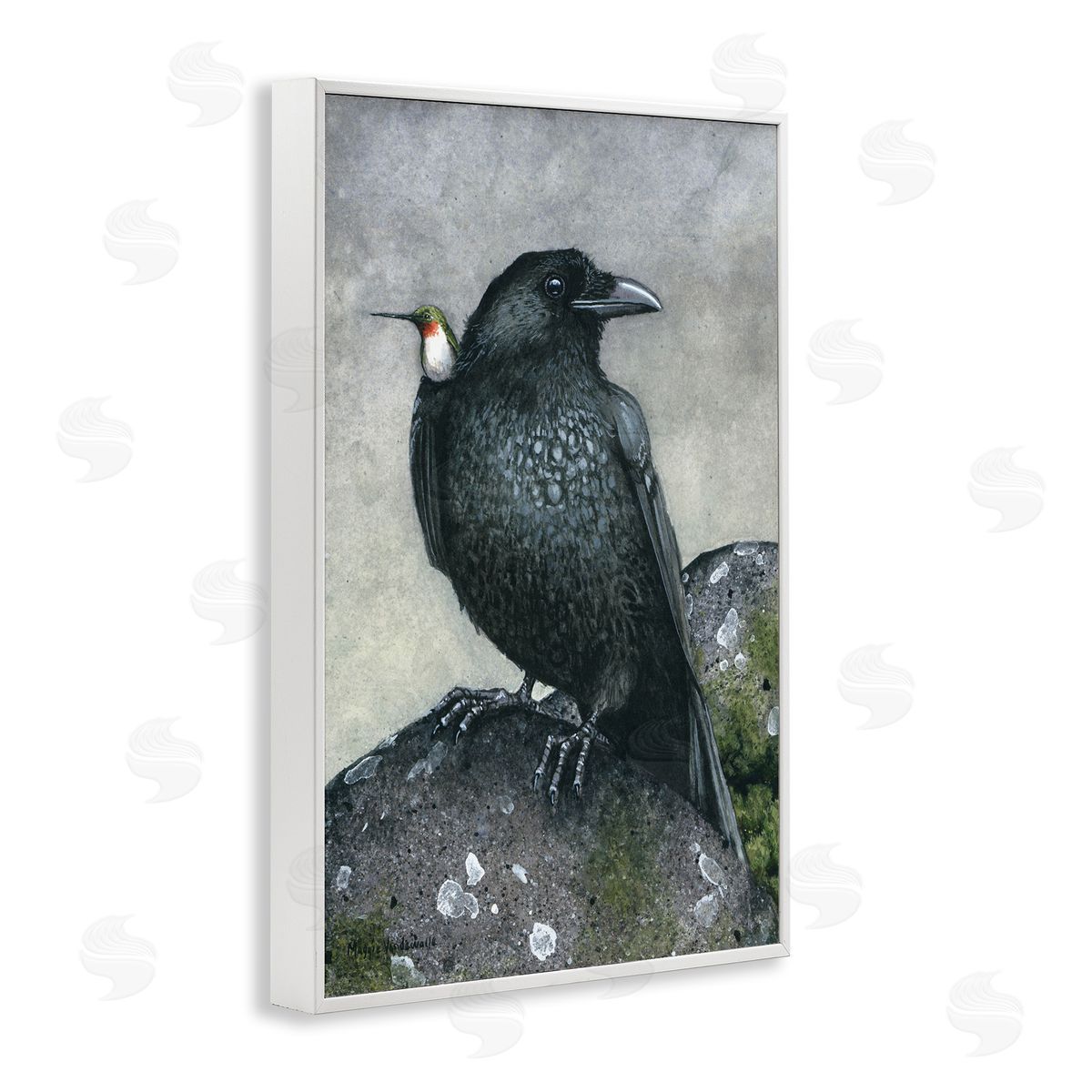 Crow and Hummingbird Perched White Frame Print Wall Art, Home Decor by Maggie Vandewalle