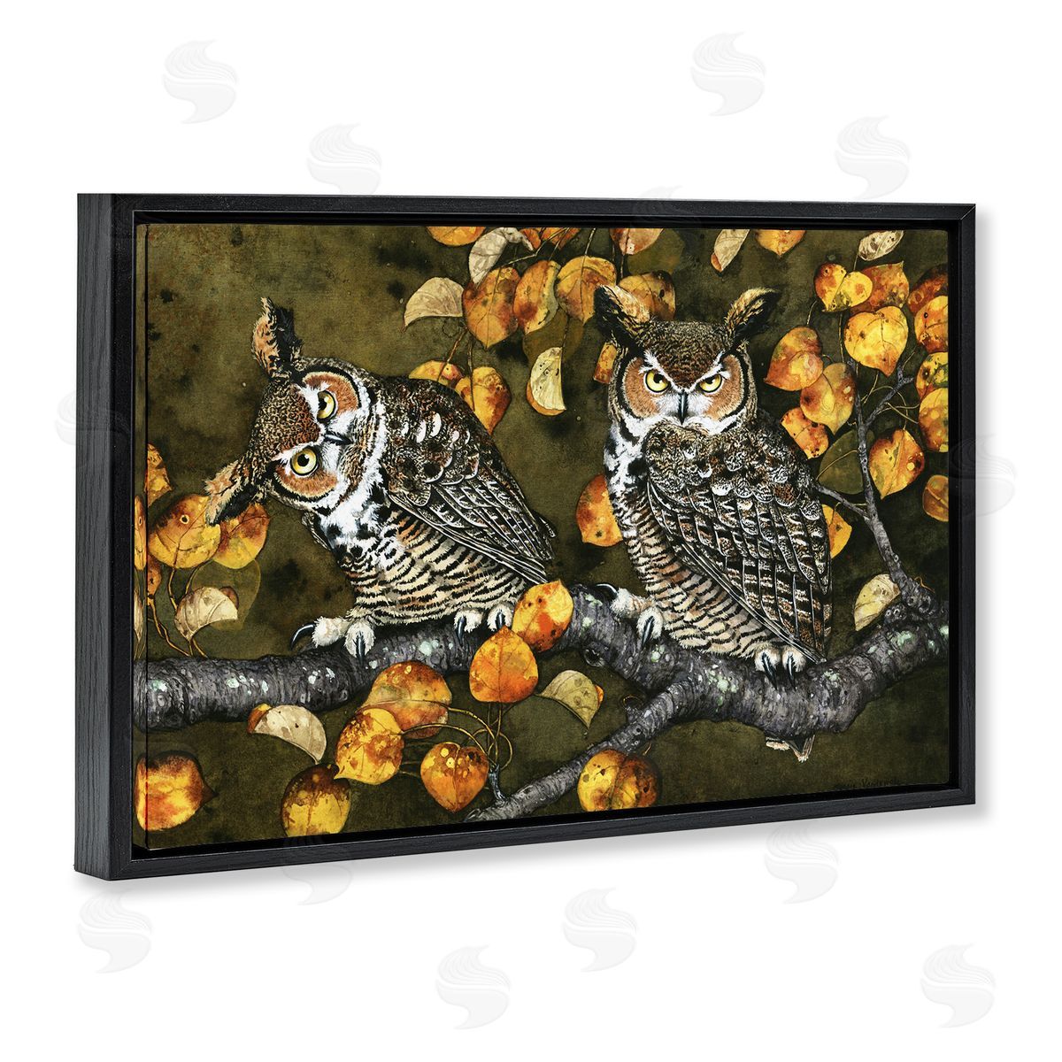 Inquisitor Owls Autumn Branch Black Floating Frame Canvas Wall Art, Home Decor by Maggie Vandewalle