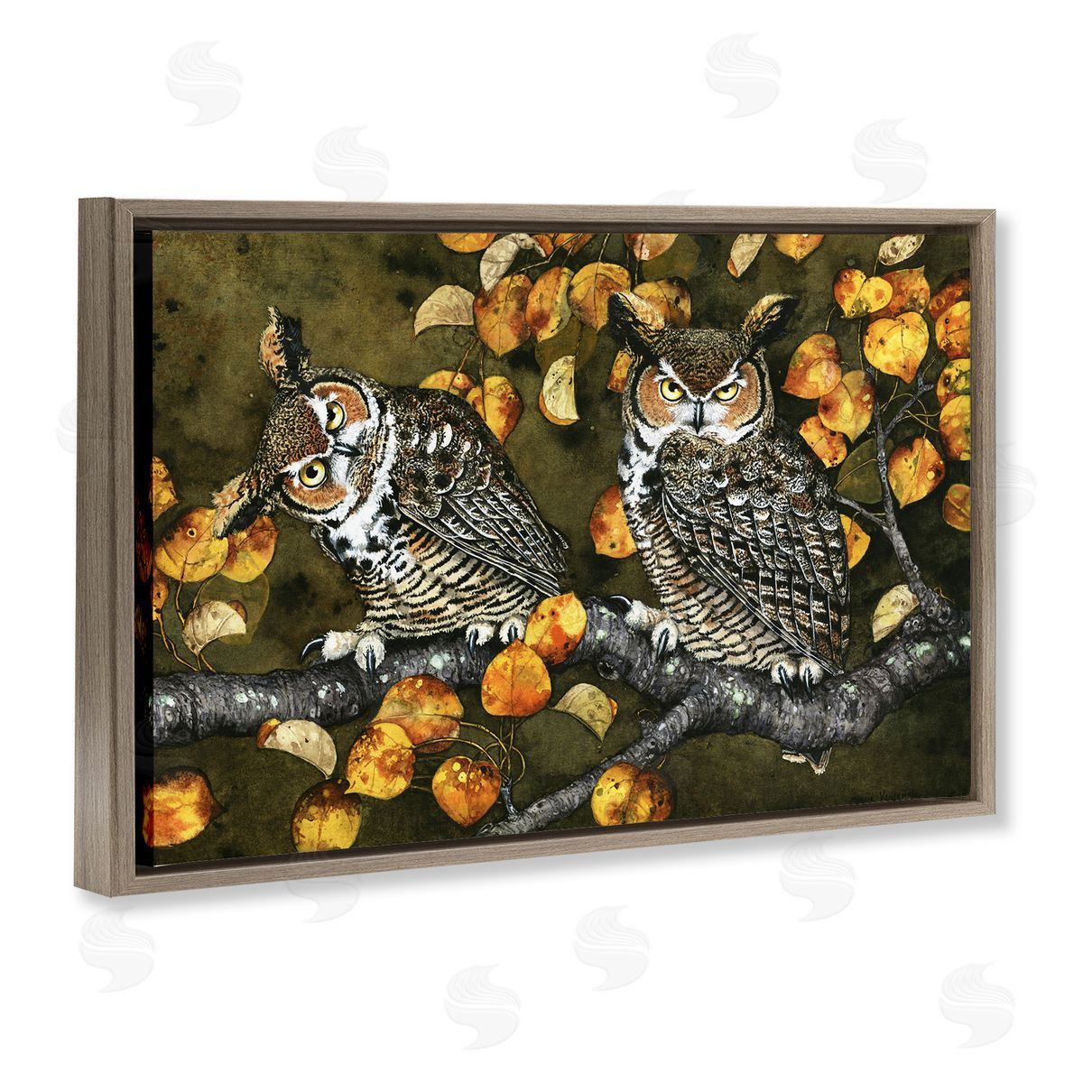 Inquisitor Owls Autumn Branch Brown Floating Frame Canvas Wall Art, Home Decor by Maggie Vandewalle